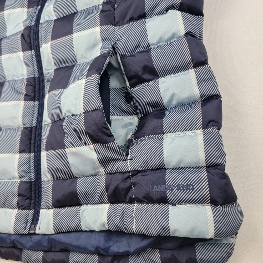 Lands' End blue plaid down filled puffer vest Bin - Picture 2 of 5